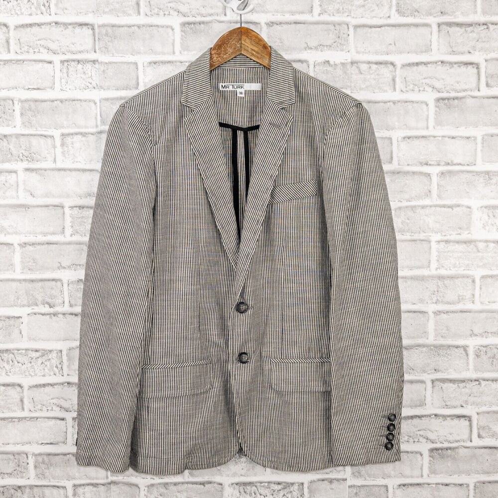 MR TURK Men's 2 button Blazer Jacket white gray striped Cotton size 36